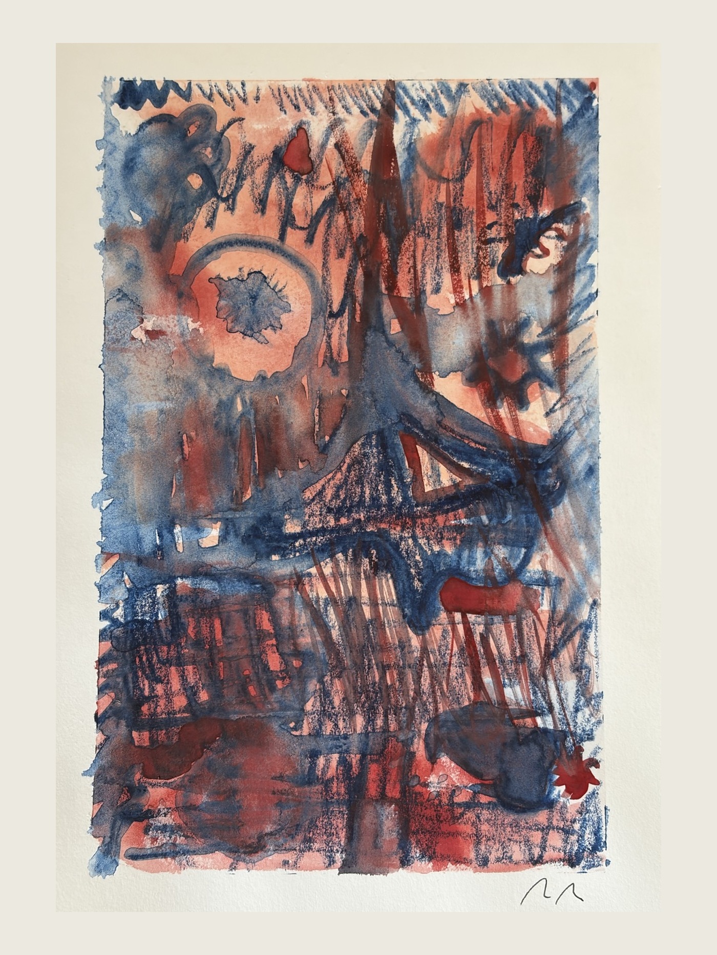 Korallenrot und dunkelblaues Bild, Marit Mautner
